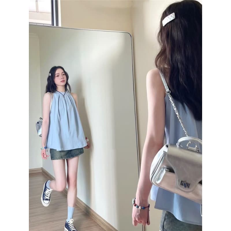 한 부서 파란색 행침 목 맨위 여성 여름 새로운 핫걸 디자인 센스 슬립 민소매 아름다운 오프숄더 셔츠 상세 이미지 3