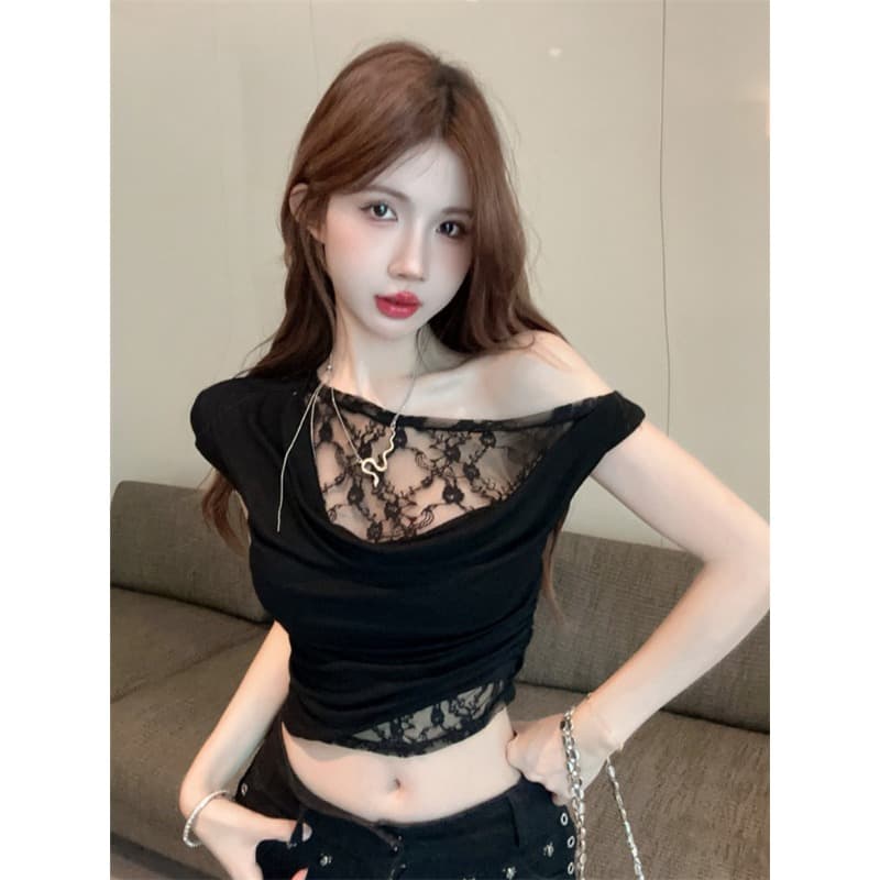 불규칙 흔들다 칼라 비스듬한 어깨 레이스 반팔 티셔츠 여성 여름 순수한 욕망 달콤한 핫걸 오프숄더 쇼트 스타일 작은 맨위 이미지 5