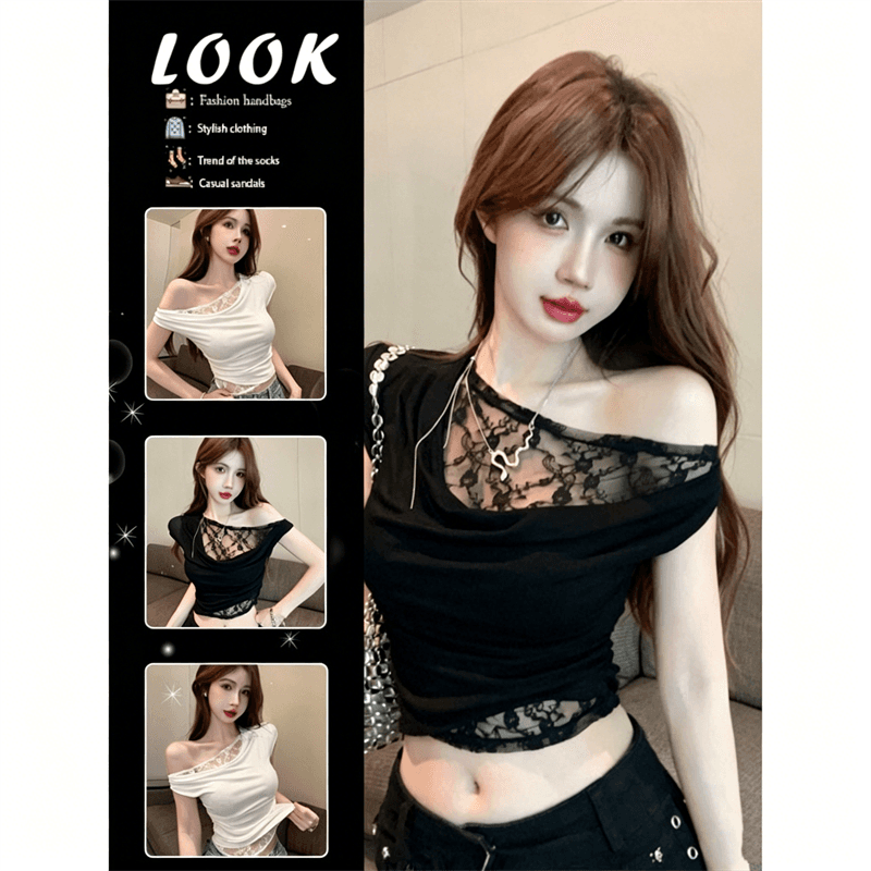 불규칙 흔들다 칼라 비스듬한 어깨 레이스 반팔 티셔츠 여성 여름 순수한 욕망 달콤한 핫걸 오프숄더 쇼트 스타일 작은 맨위