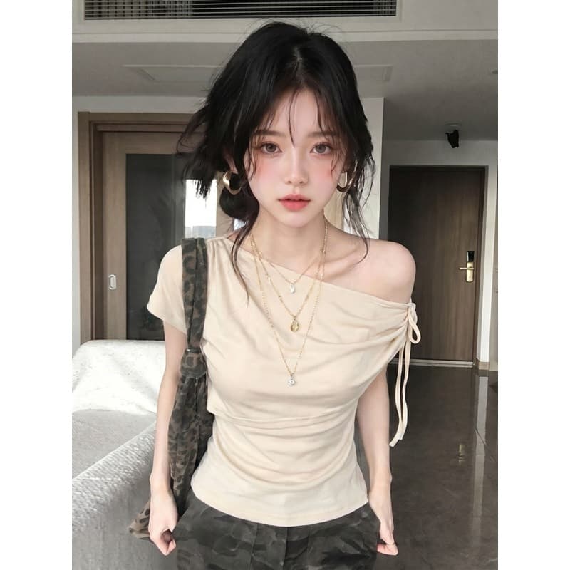 원본 것 페이크 레이어드 비스듬한 어깨 스트랩 반팔 티셔츠 여성 여름 고유 한 오프숄더 핫걸 맨위 이미지 2