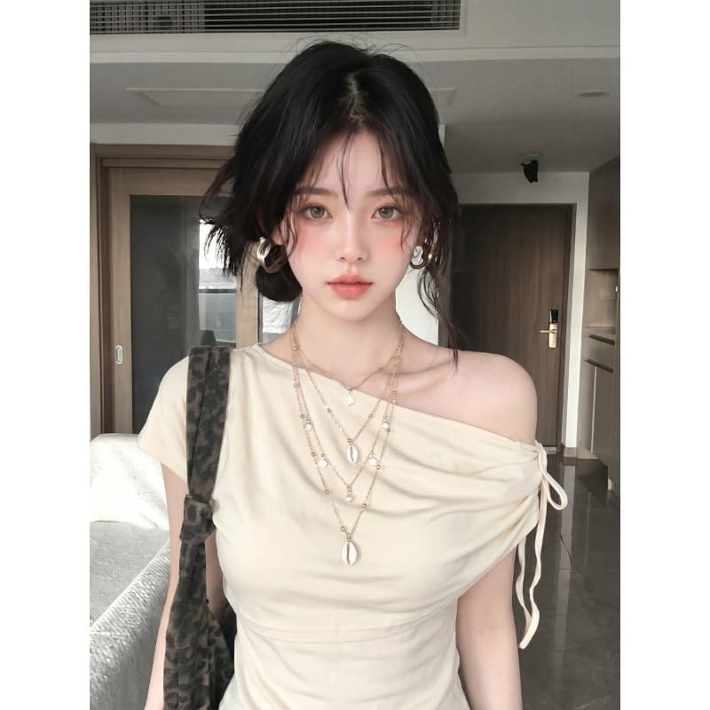 원본 것 페이크 레이어드 비스듬한 어깨 스트랩 반팔 티셔츠 여성 여름 고유 한 오프숄더 핫걸 맨위 이미지 3