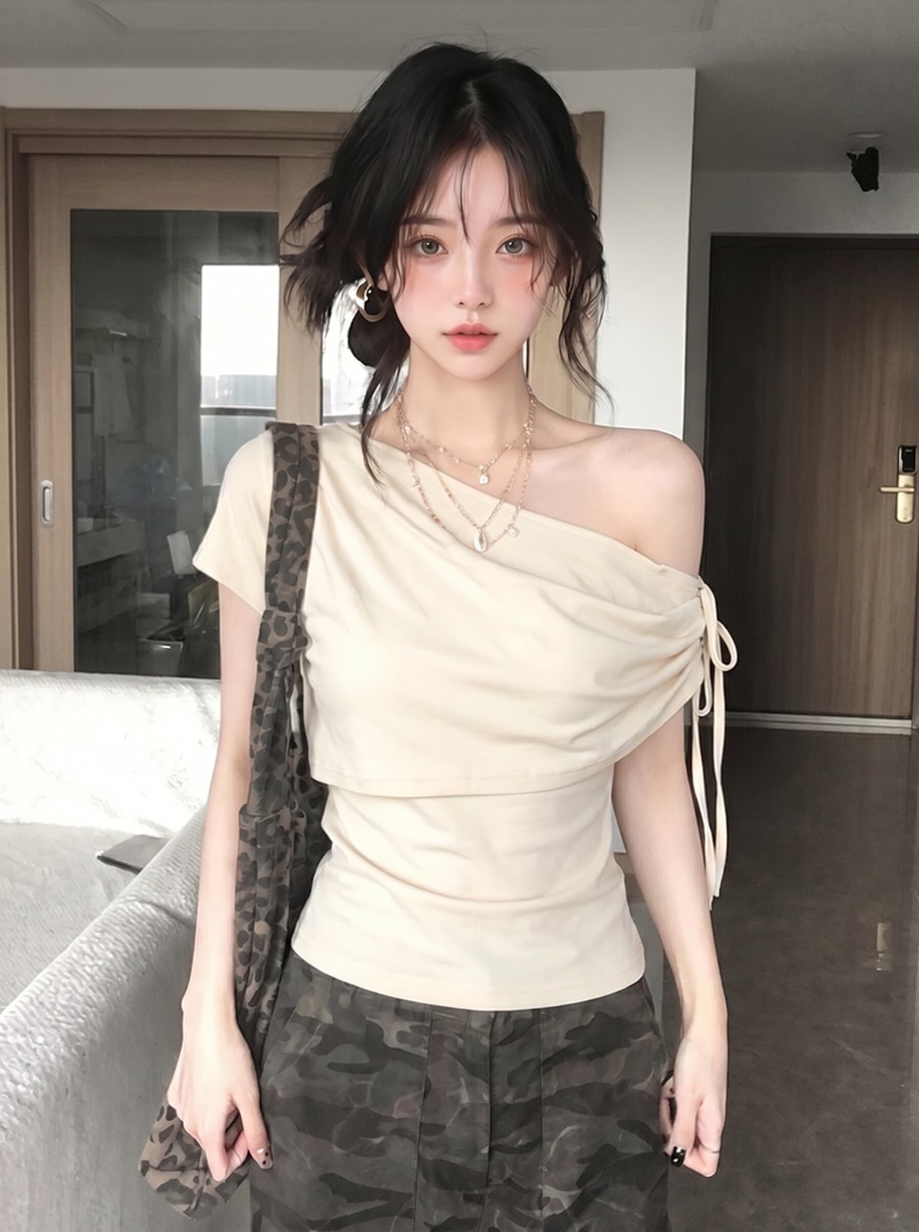 원본 것 페이크 레이어드 비스듬한 어깨 스트랩 반팔 티셔츠 여성 여름 고유 한 오프숄더 핫걸 맨위 상세 이미지 7