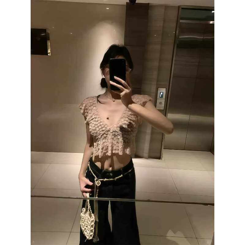프랑스식 부드러운 바람 슈퍼 잘 생긴 V넥 Feifei 소매 쇼트 스타일 티셔츠 여성 여름 핫걸 섹시함 레이스 작은 맨위 이미지 5