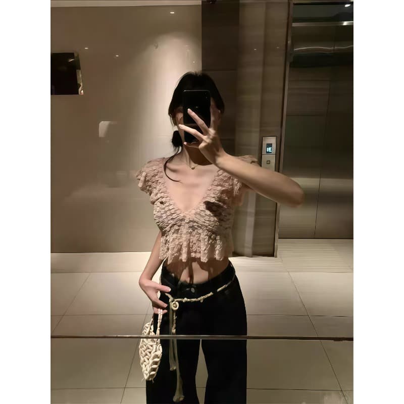 프랑스식 부드러운 바람 슈퍼 잘 생긴 V넥 Feifei 소매 쇼트 스타일 티셔츠 여성 여름 핫걸 섹시함 레이스 작은 맨위