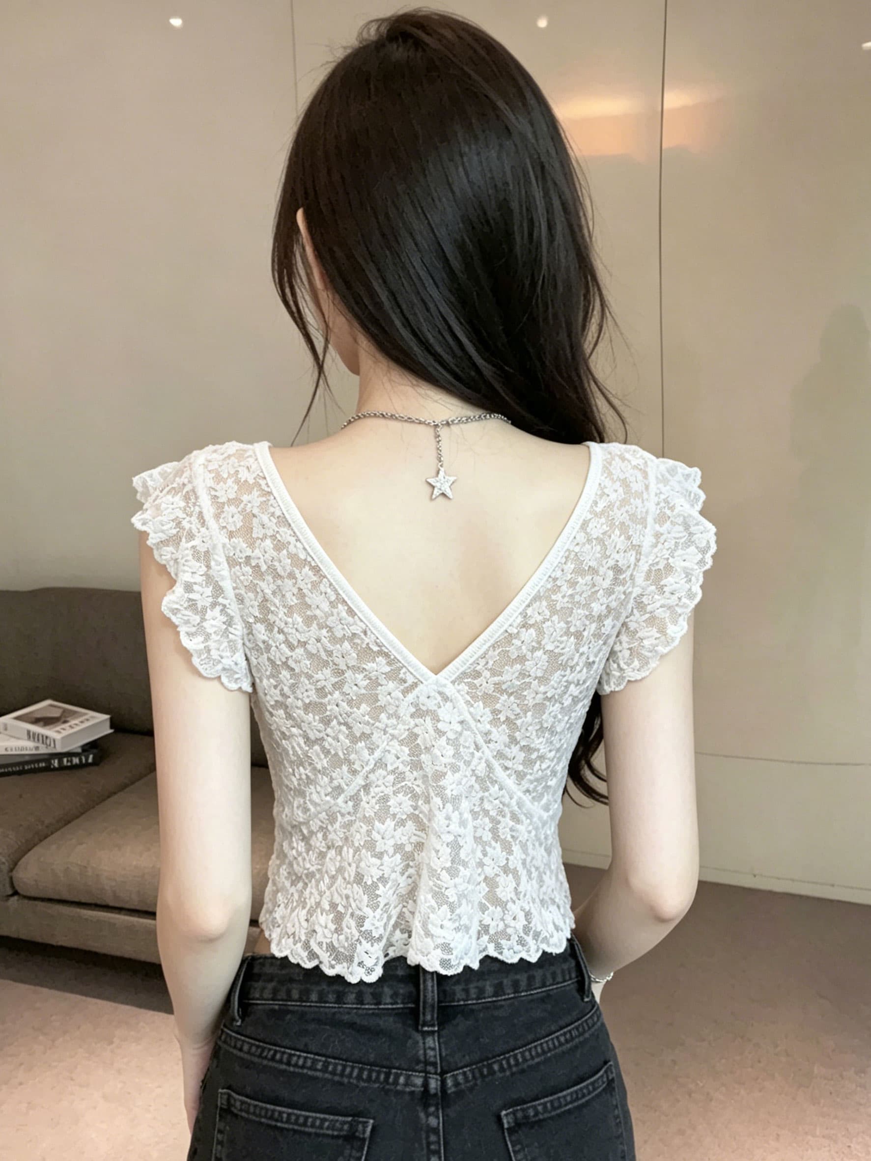 프랑스식 부드러운 바람 슈퍼 잘 생긴 V넥 Feifei 소매 쇼트 스타일 티셔츠 여성 여름 핫걸 섹시함 레이스 작은 맨위 상세 이미지 11