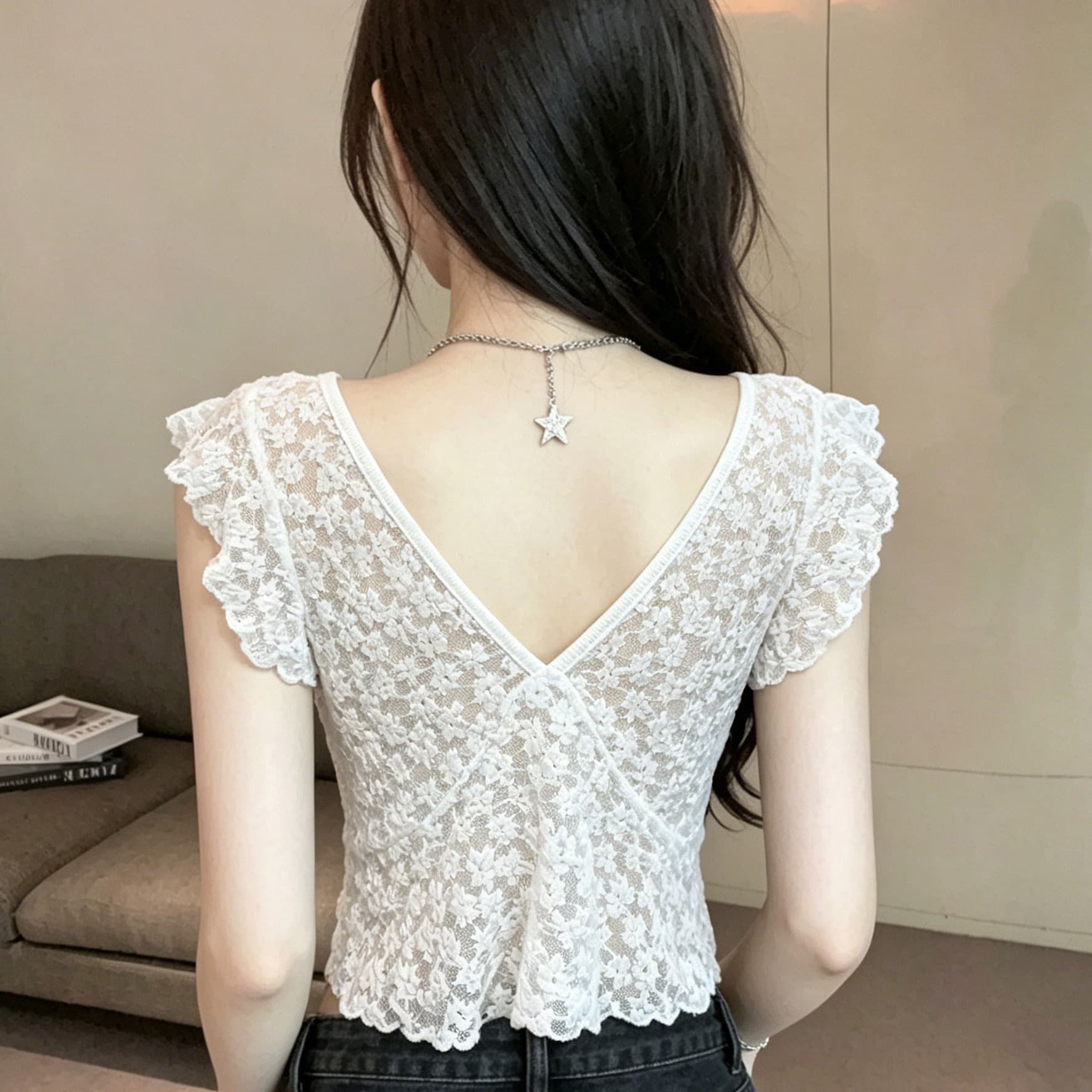 프랑스식 부드러운 바람 슈퍼 잘 생긴 V넥 Feifei 소매 쇼트 스타일 티셔츠 여성 여름 핫걸 섹시함 레이스 작은 맨위 이미지 5