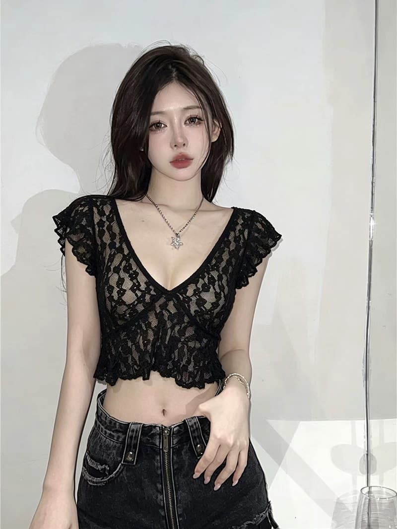 프랑스식 부드러운 바람 슈퍼 잘 생긴 V넥 Feifei 소매 쇼트 스타일 티셔츠 여성 여름 핫걸 섹시함 레이스 작은 맨위 상세 이미지 7