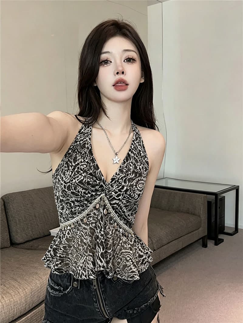프랑스식 레이스 민소매 행침 목 조끼 여름 새로운 핫걸 허리 수축 외출용 맨위 이미지 2