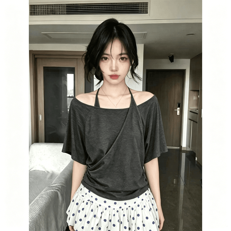 원본 품질 디자인 센스 페이크 레이어드 행침 목 반팔 티셔츠 여름 느슨함 센스 슬림해 보이는 오프숄더 맨위 이미지 5
