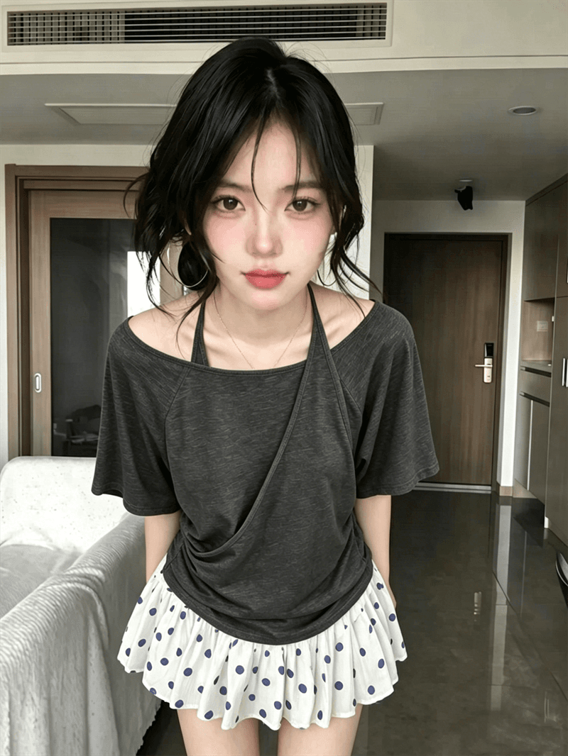 원본 품질 디자인 센스 페이크 레이어드 행침 목 반팔 티셔츠 여름 느슨함 센스 슬림해 보이는 오프숄더 맨위 이미지 4