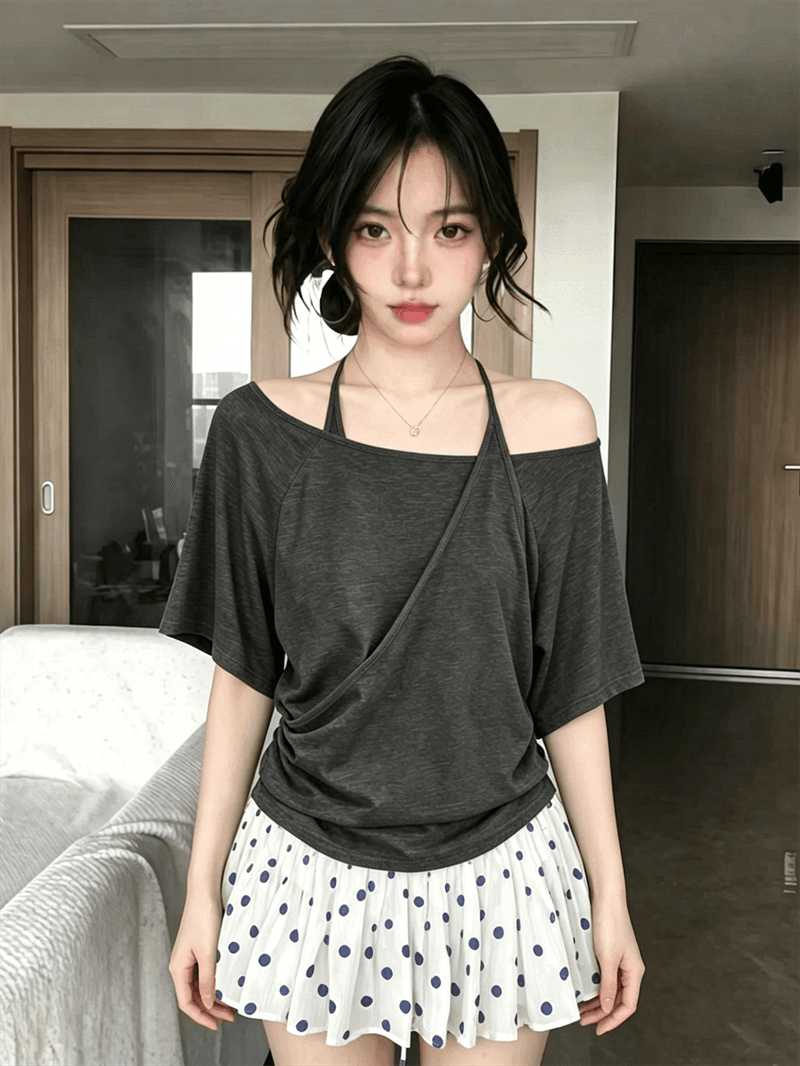원본 품질 디자인 센스 페이크 레이어드 행침 목 반팔 티셔츠 여름 느슨함 센스 슬림해 보이는 오프숄더 맨위 상세 이미지 5