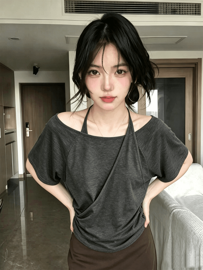 원본 품질 디자인 센스 페이크 레이어드 행침 목 반팔 티셔츠 여름 느슨함 센스 슬림해 보이는 오프숄더 맨위 상세 이미지 8