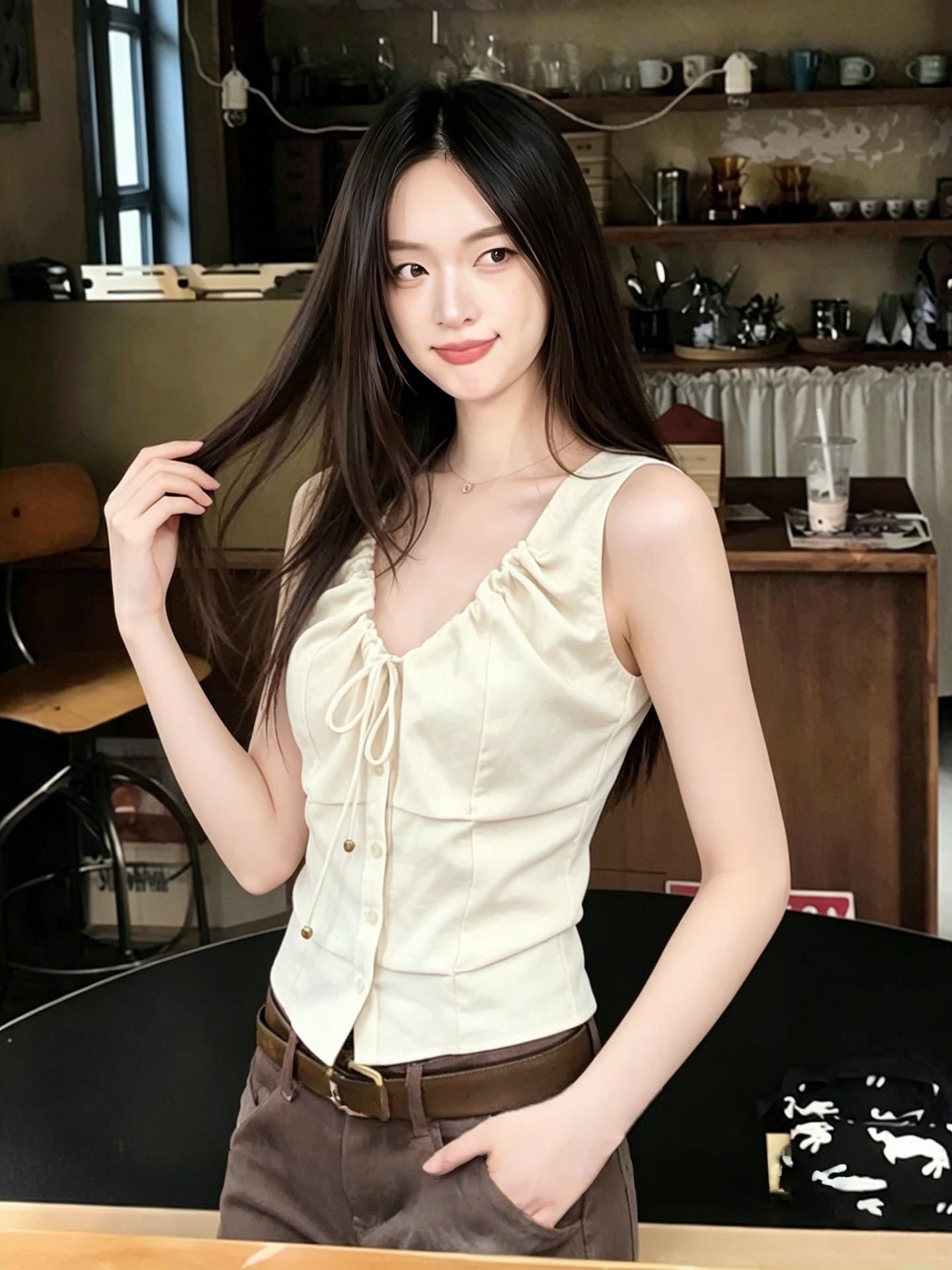 네리 아메리칸 레트로 핫걸 V넥 조끼 슬립 민소매 펌프 로프 비즈 맨위 상세 이미지 4