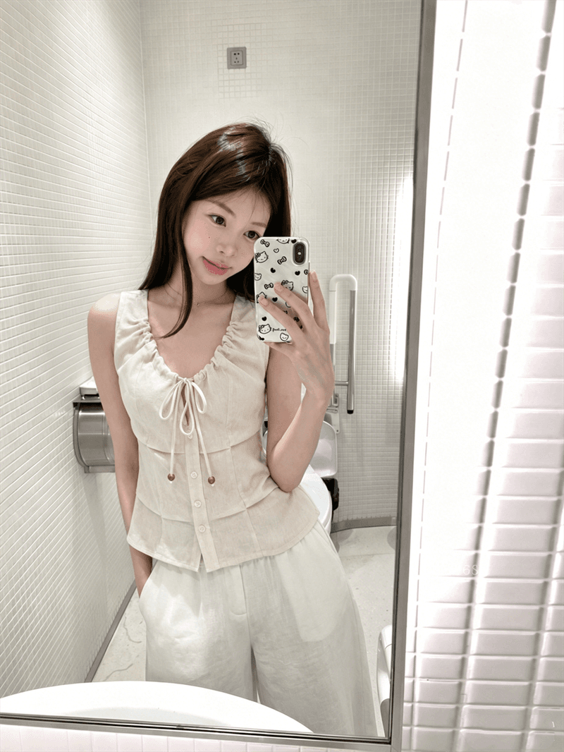 원본 품질 네리 V넥 조끼 여성 여름 비즈 핀치 Pleat 민소매 허리 수축 쇼트 스타일 작은 맨위 이미지 2