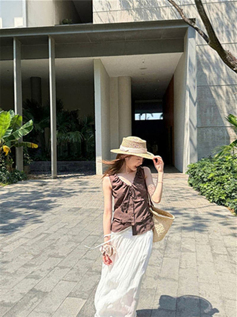 원본 품질 네리 V넥 조끼 여성 여름 비즈 핀치 Pleat 민소매 허리 수축 쇼트 스타일 작은 맨위 상세 이미지 34