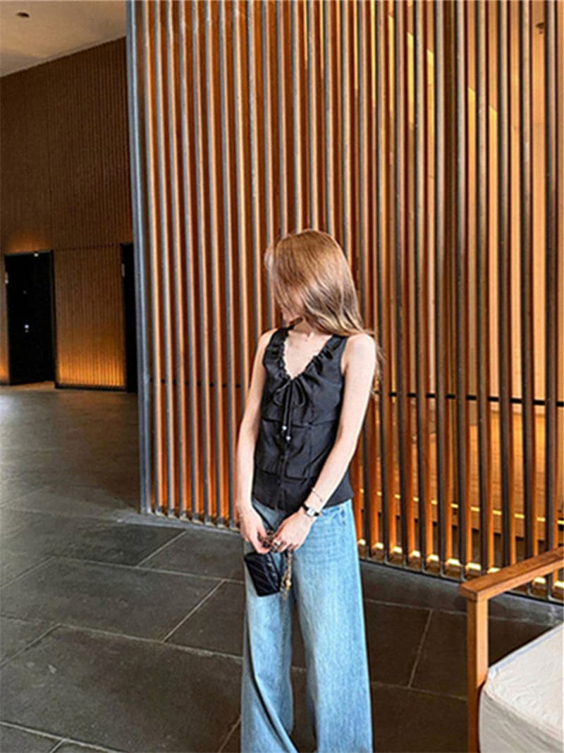 원본 품질 네리 V넥 조끼 여성 여름 비즈 핀치 Pleat 민소매 허리 수축 쇼트 스타일 작은 맨위 상세 이미지 36