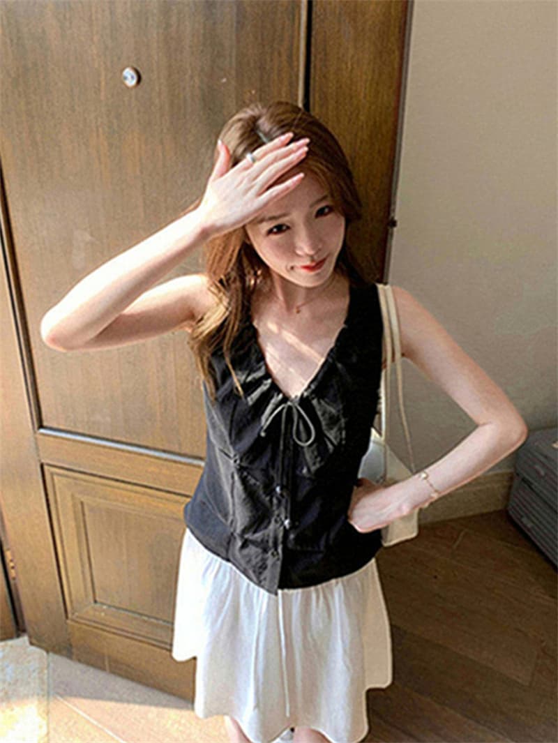 원본 품질 네리 V넥 조끼 여성 여름 비즈 핀치 Pleat 민소매 허리 수축 쇼트 스타일 작은 맨위 상세 이미지 48