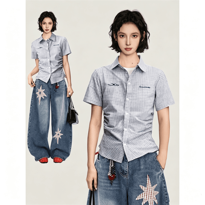 파란색 POLO 칼라 체크무늬 긍정적 인 어깨 반팔 여성 셔츠 여름 몸매 가꾸기 쇼트 스타일 허리 수축 꼬집기 허리 셔츠 맨위
