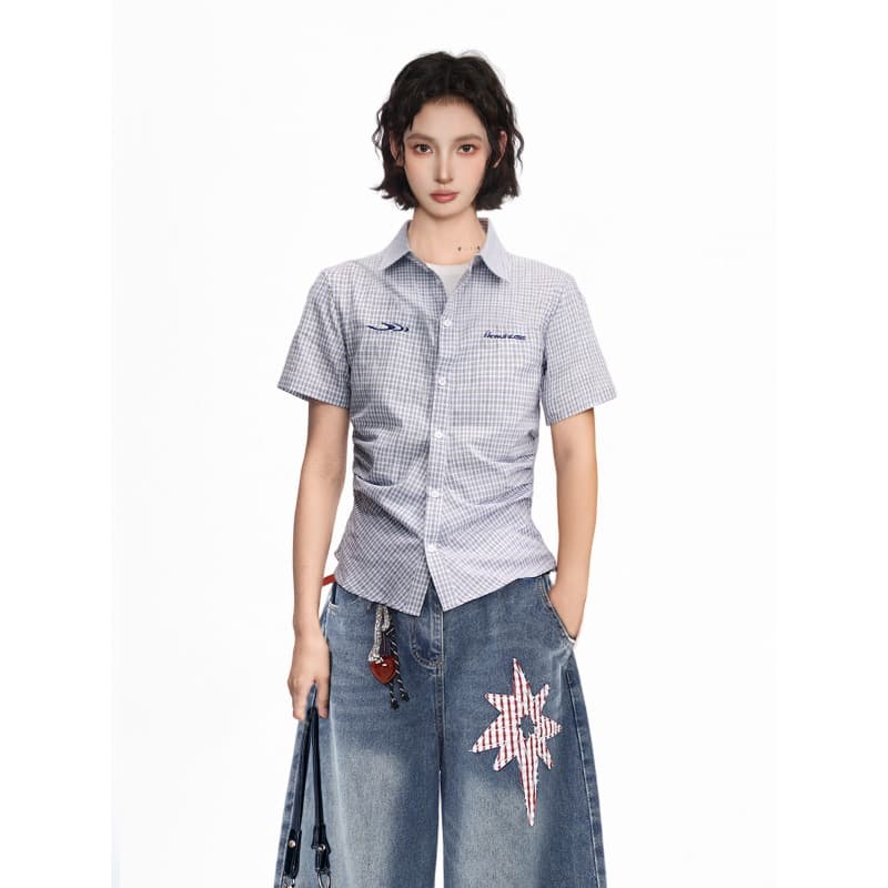 파란색 POLO 칼라 체크무늬 긍정적 인 어깨 반팔 여성 셔츠 여름 몸매 가꾸기 쇼트 스타일 허리 수축 꼬집기 허리 셔츠 맨위 이미지 4