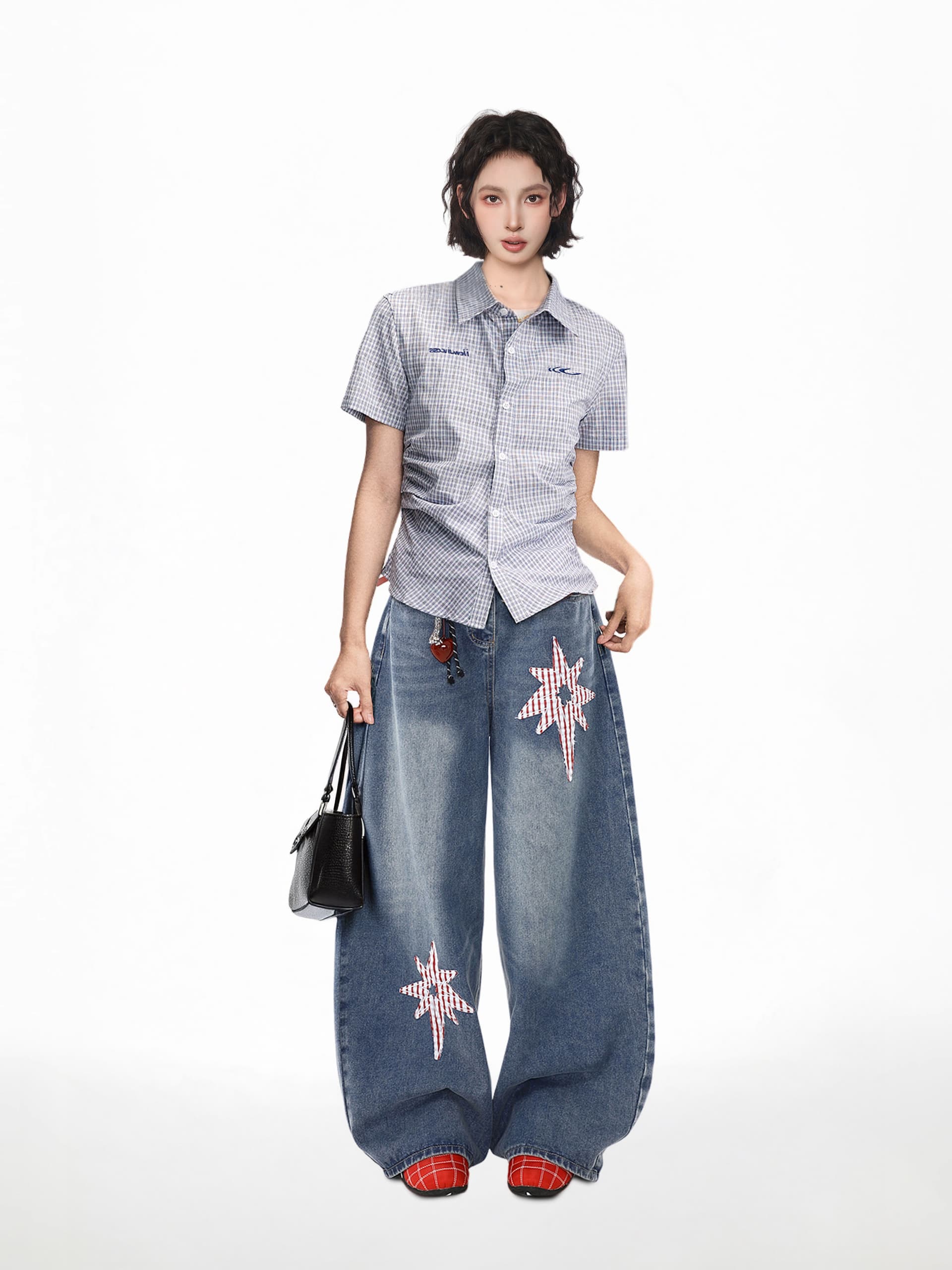 파란색 POLO 칼라 체크무늬 긍정적 인 어깨 반팔 여성 셔츠 여름 몸매 가꾸기 쇼트 스타일 허리 수축 꼬집기 허리 셔츠 맨위 상세 이미지 5