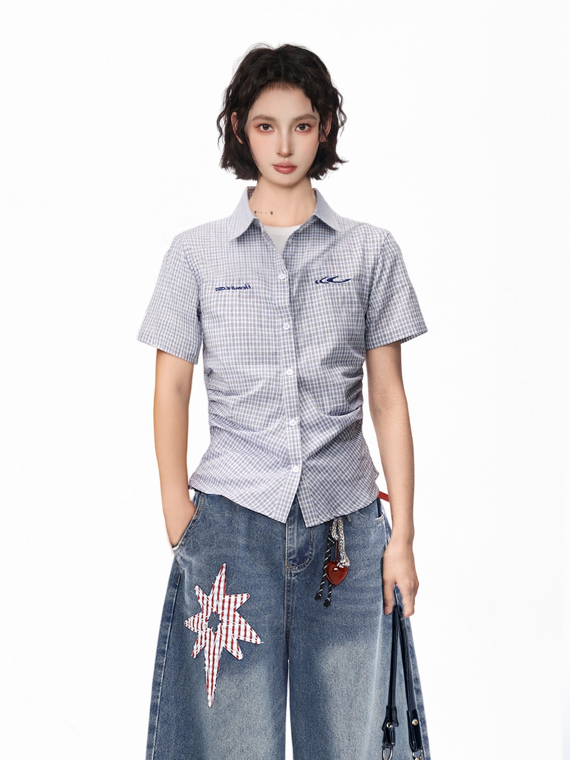 파란색 POLO 칼라 체크무늬 긍정적 인 어깨 반팔 여성 셔츠 여름 몸매 가꾸기 쇼트 스타일 허리 수축 꼬집기 허리 셔츠 맨위 상세 이미지 7