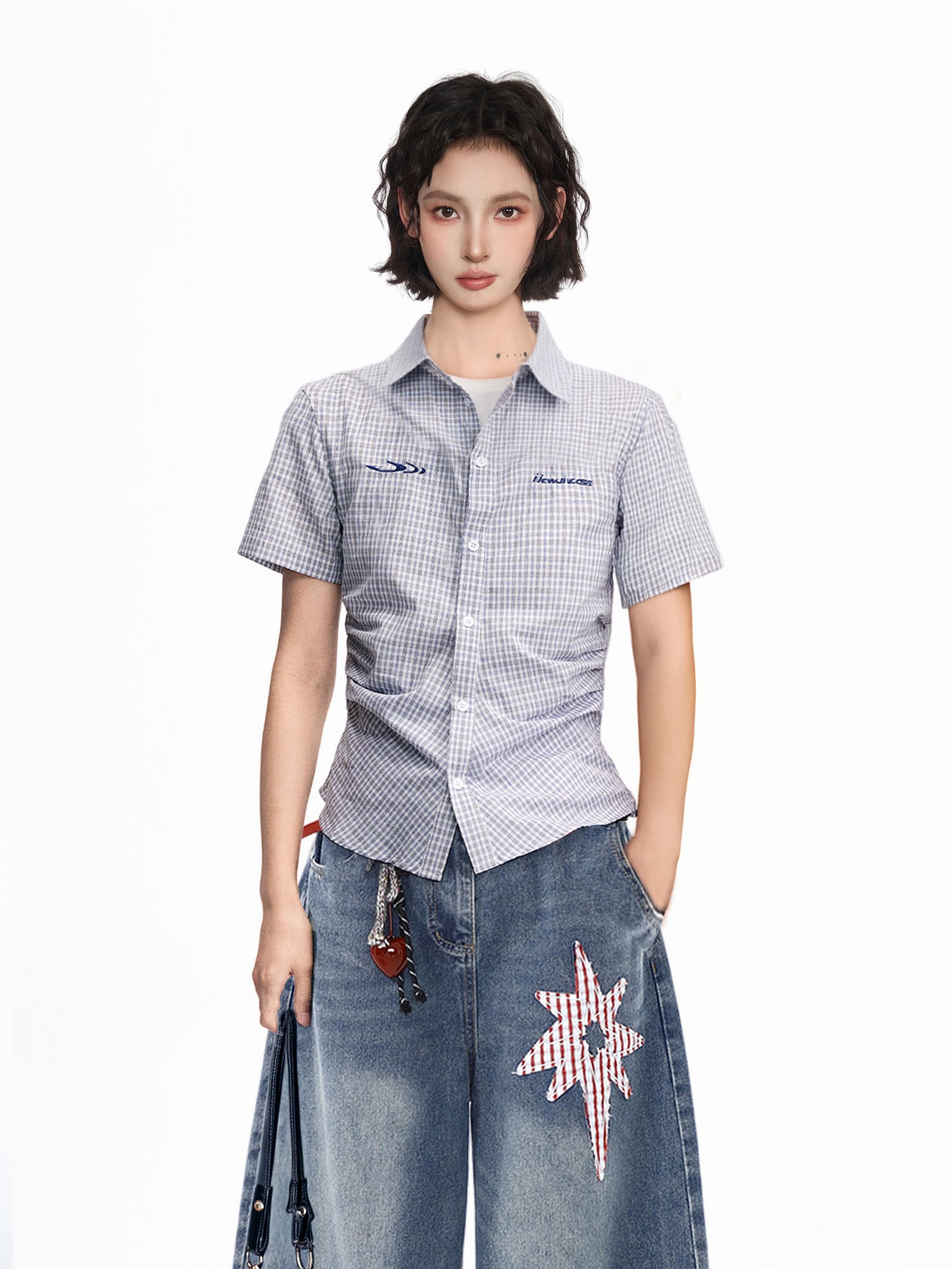 파란색 POLO 칼라 체크무늬 긍정적 인 어깨 반팔 여성 셔츠 여름 몸매 가꾸기 쇼트 스타일 허리 수축 꼬집기 허리 셔츠 맨위 상세 이미지 8