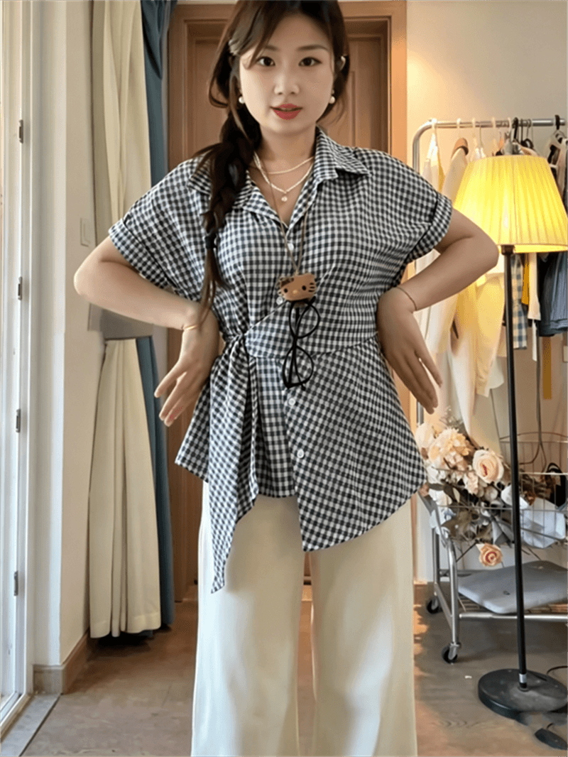 빅 사이즈 고유 한 아름다운 파란색 체크무늬 반팔 여성 셔츠 여름 지방 mm 스트랩 꼬집기 허리 자이언트 슬림해 보이는 맨위 상세 이미지 9