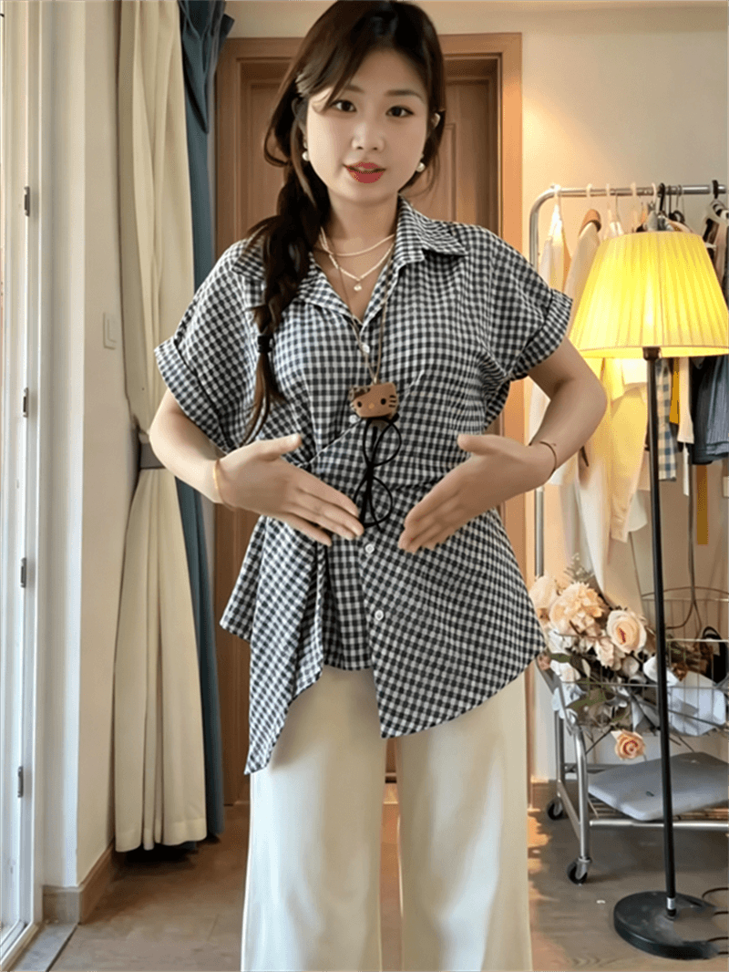 빅 사이즈 고유 한 아름다운 파란색 체크무늬 반팔 여성 셔츠 여름 지방 mm 스트랩 꼬집기 허리 자이언트 슬림해 보이는 맨위 상세 이미지 10