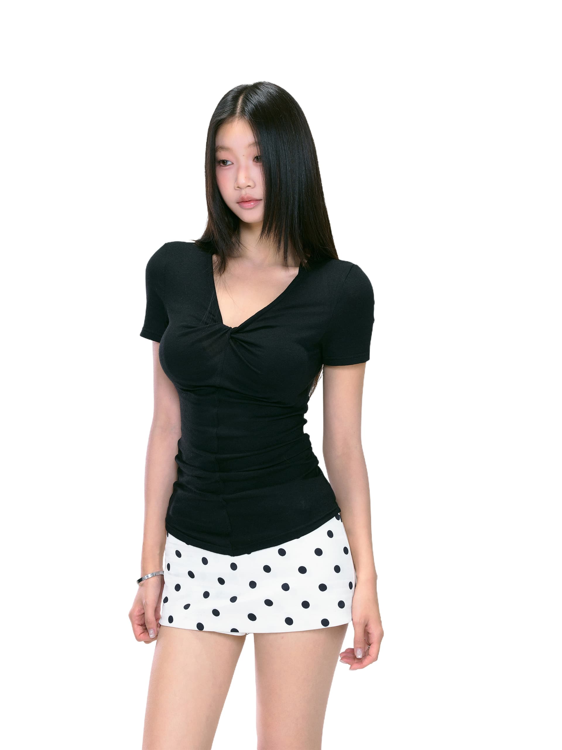 오트밀 색상 V넥 비틀림 긍정적 인 어깨 반팔 티셔츠 여성 여름 고급 센스 디자인 몸매 가꾸기 슬림해 보이는 다용도 맨위 상세 이미지 20