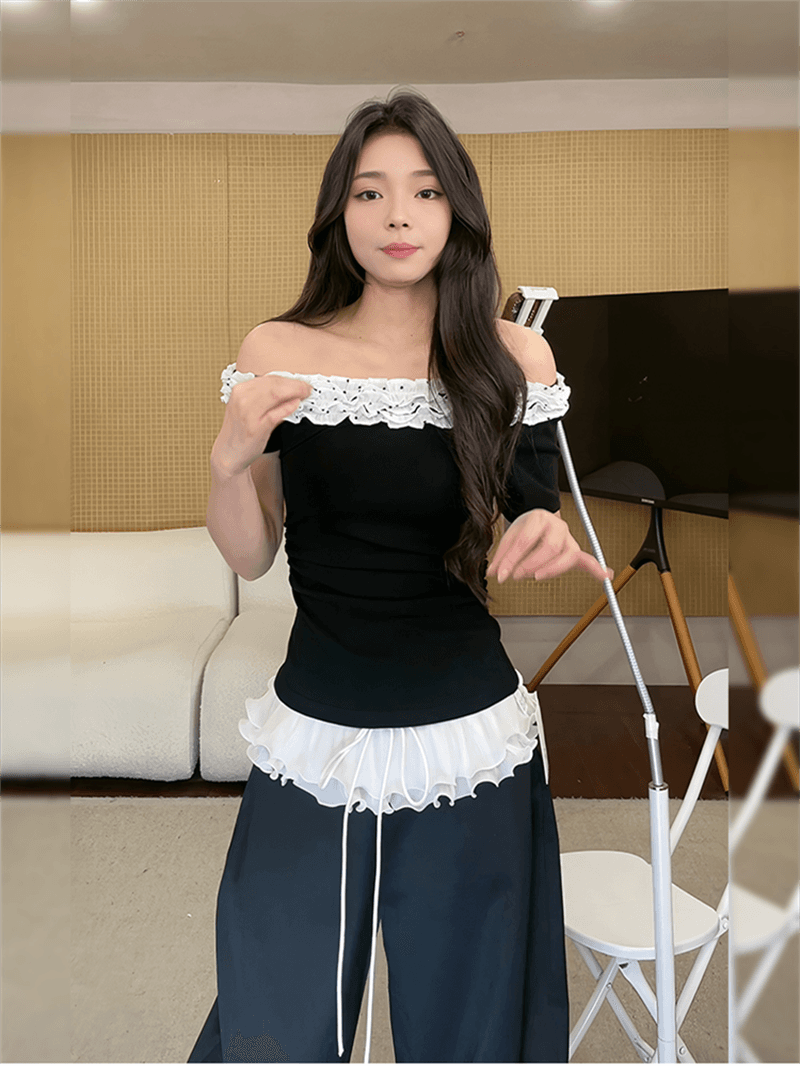 사람들 면 260 그램 프랑스식 디자인 센스 다중 레이어 레이스 비스듬한 칼라 반팔 티셔츠 여름 몸매 가꾸기 슬림해 보이는 오프숄더 맨위 상세 이미지 3