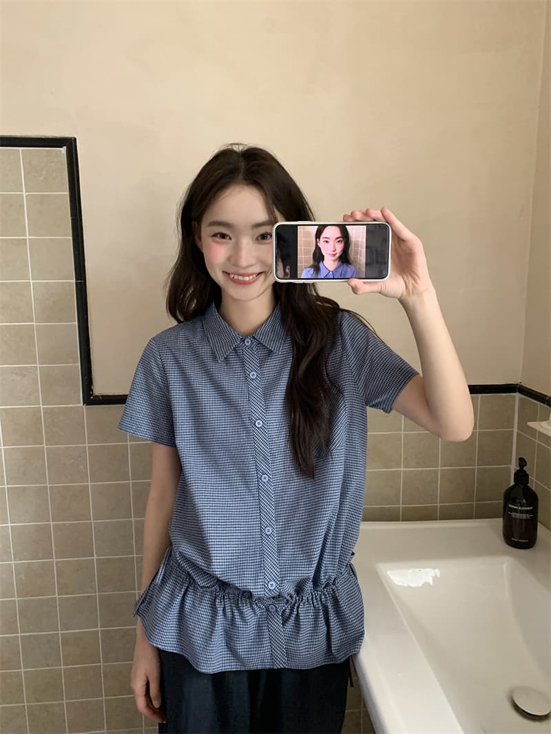 체크무늬 원단 블루 체크무늬 펌프 로프 허리 수축 레이스 여성 셔츠 여름 밑단 허리 수축 맨위