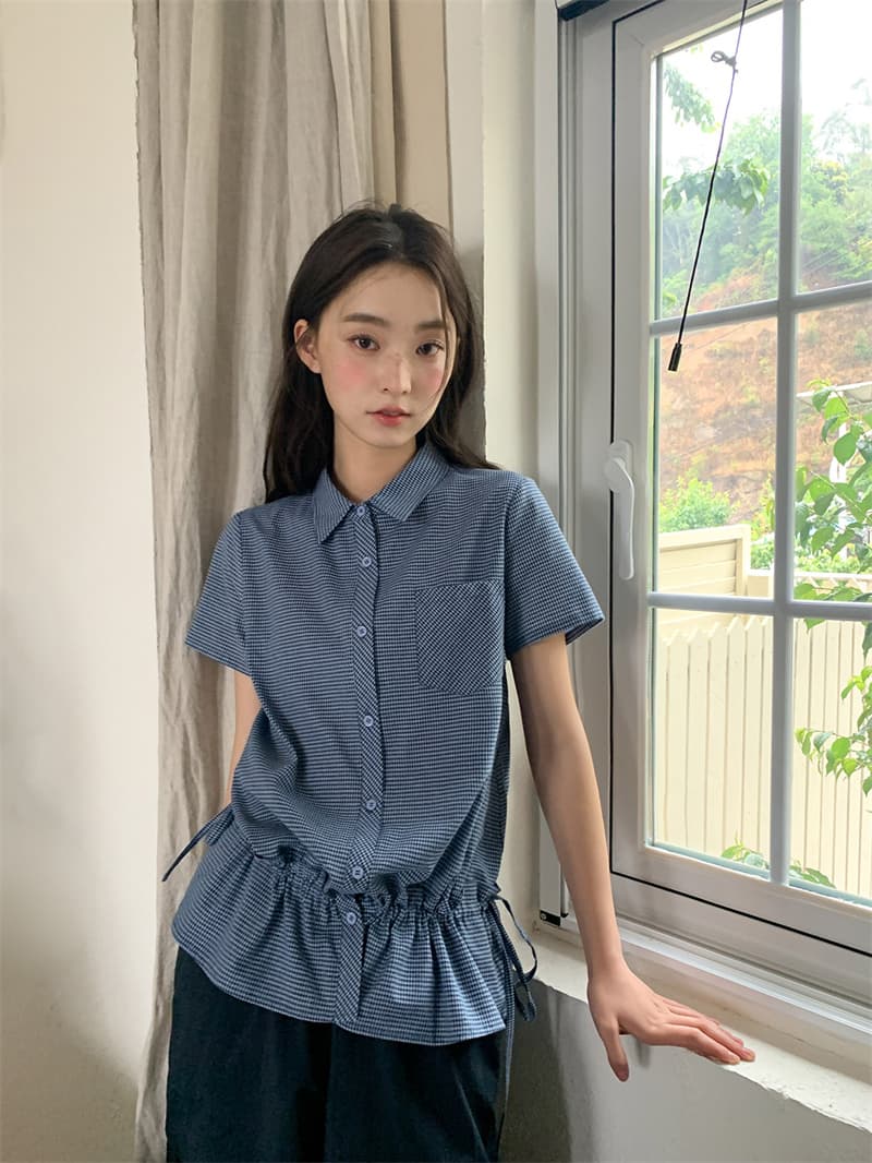 체크무늬 원단 블루 체크무늬 펌프 로프 허리 수축 레이스 여성 셔츠 여름 밑단 허리 수축 맨위 이미지 2