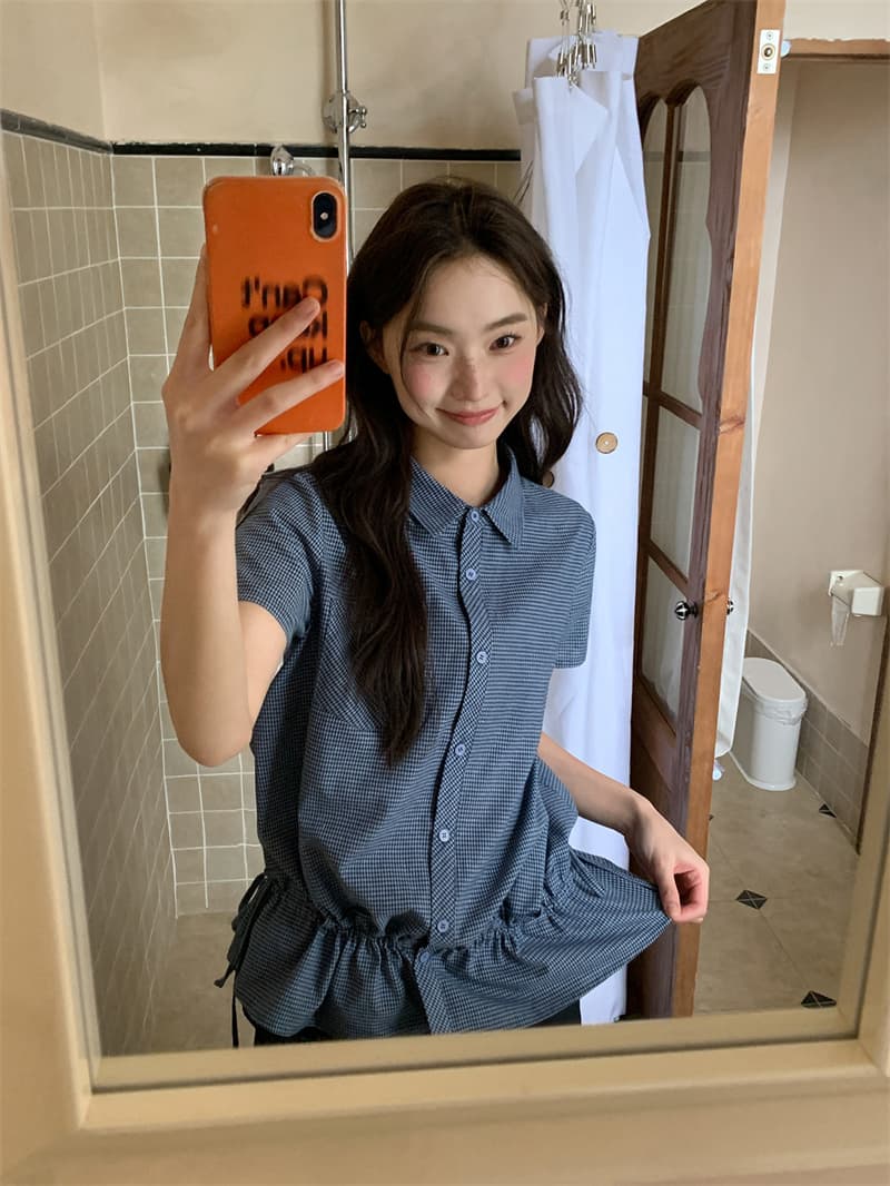 체크무늬 원단 블루 체크무늬 펌프 로프 허리 수축 레이스 여성 셔츠 여름 밑단 허리 수축 맨위 상세 이미지 7