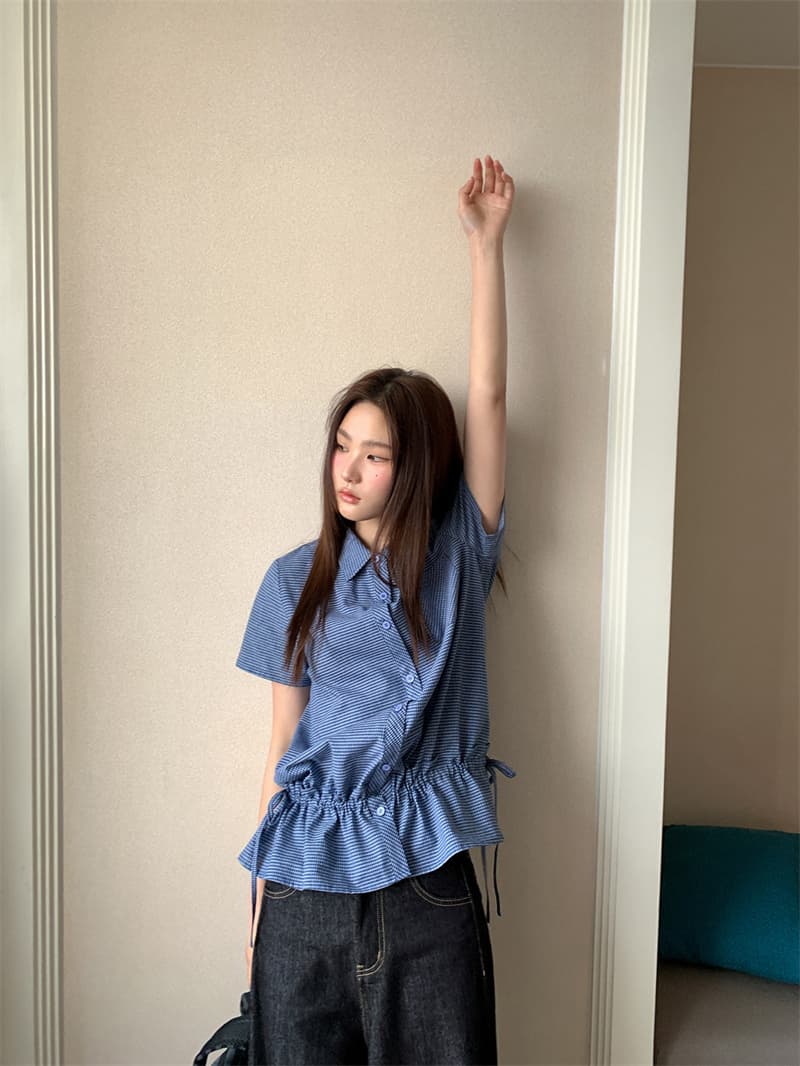 체크무늬 원단 블루 체크무늬 펌프 로프 허리 수축 레이스 여성 셔츠 여름 밑단 허리 수축 맨위 상세 이미지 8