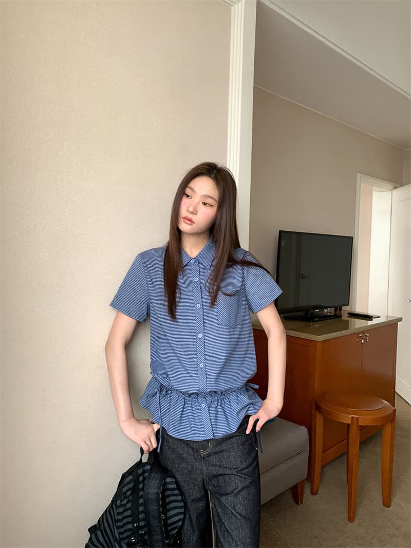 체크무늬 원단 블루 체크무늬 펌프 로프 허리 수축 레이스 여성 셔츠 여름 밑단 허리 수축 맨위 상세 이미지 15
