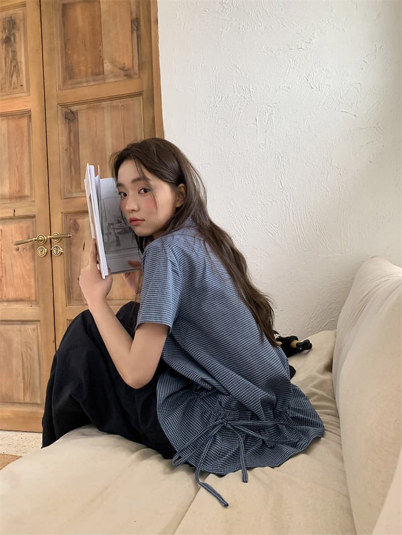 체크무늬 원단 블루 체크무늬 펌프 로프 허리 수축 레이스 여성 셔츠 여름 밑단 허리 수축 맨위 상세 이미지 21
