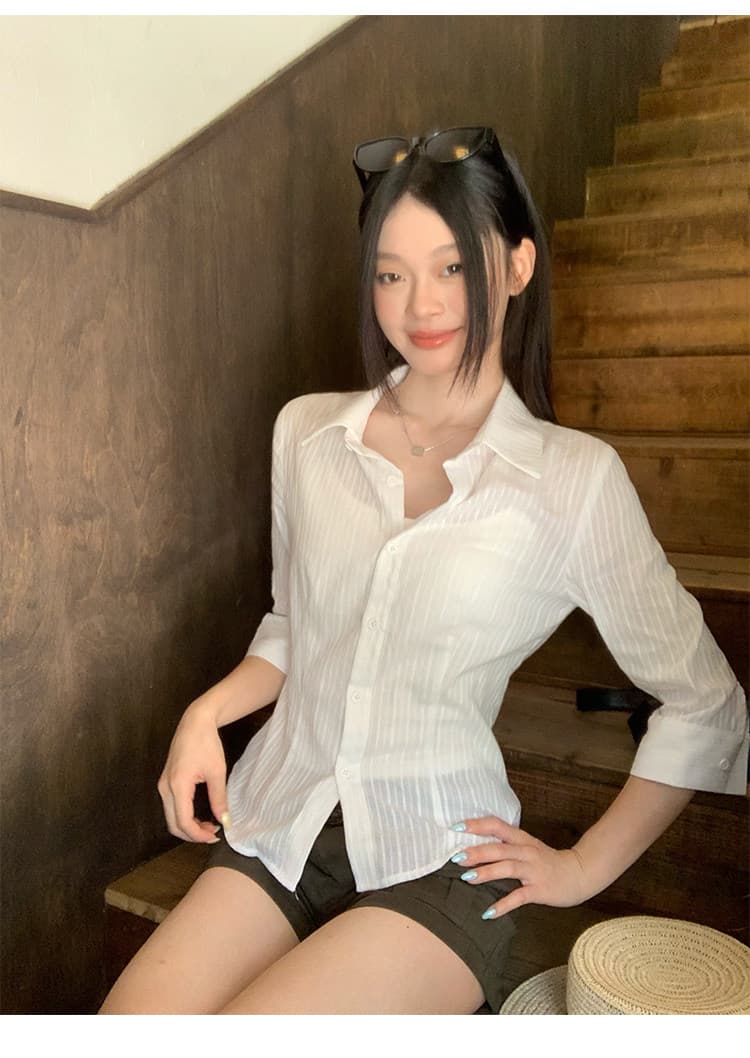 원본 자카드 원단 화이트 중간 소매 허리 수축 셔츠 여름 높음 지혜 센스 몸매 가꾸기 순수한 욕망 바람 작은 맨위 상세 이미지 2