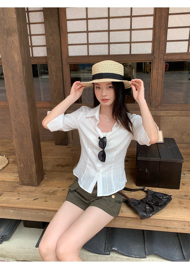 원본 자카드 원단 화이트 중간 소매 허리 수축 셔츠 여름 높음 지혜 센스 몸매 가꾸기 순수한 욕망 바람 작은 맨위 상세 이미지 9