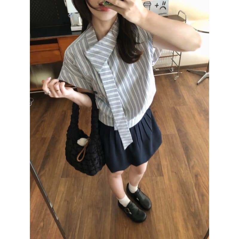 원본 레이스 자카드 원단 한 부서 학원 비스듬한 칼라 리본 반팔 셔츠 불규칙 허리 수축 슬림해 보이는 이미지 4