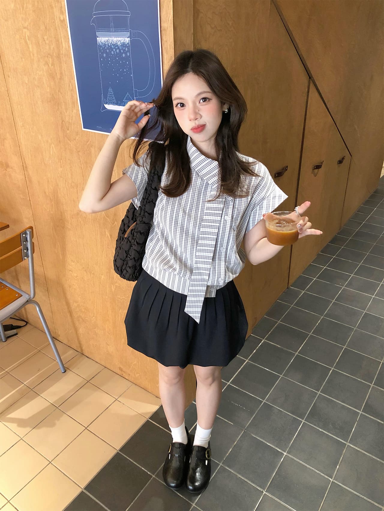 원본 레이스 자카드 원단 한 부서 학원 비스듬한 칼라 리본 반팔 셔츠 불규칙 허리 수축 슬림해 보이는 상세 이미지 8