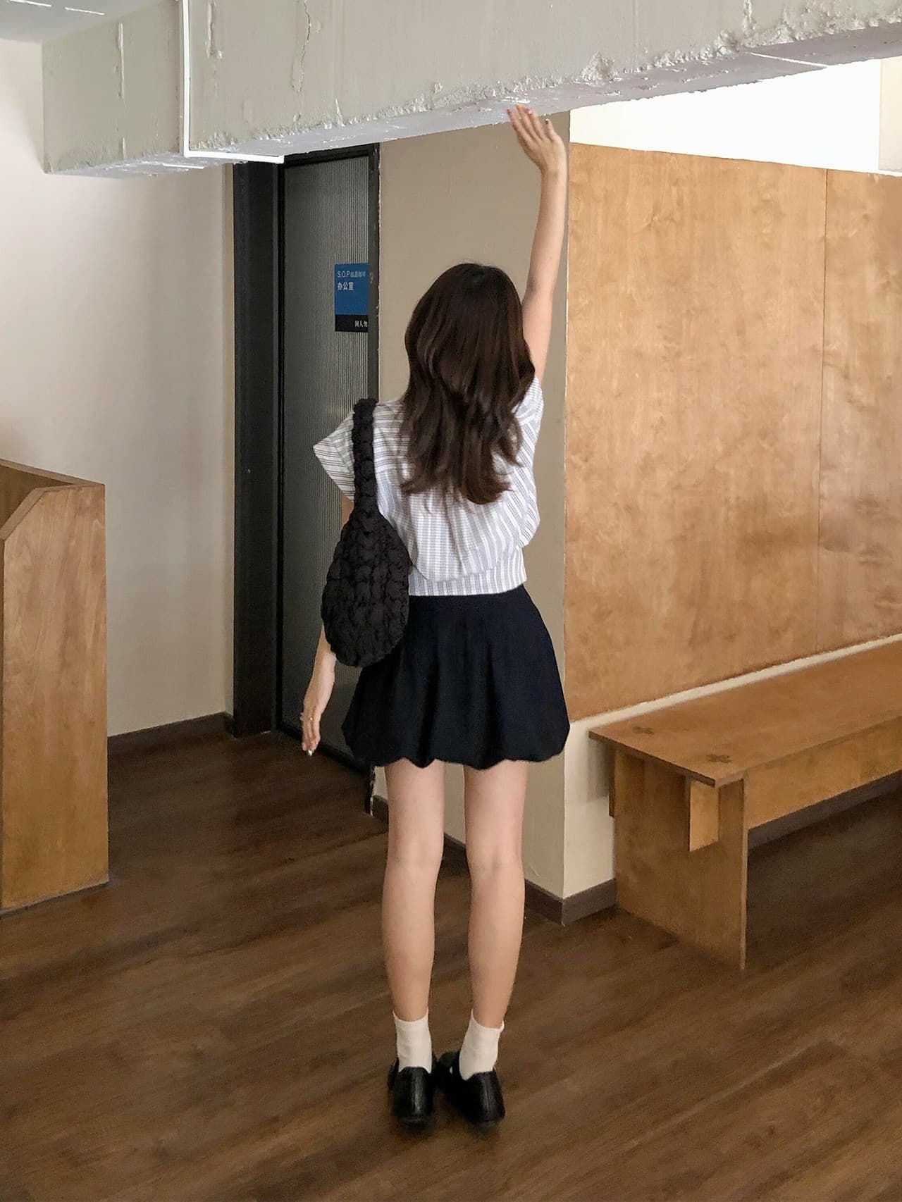 원본 레이스 자카드 원단 한 부서 학원 비스듬한 칼라 리본 반팔 셔츠 불규칙 허리 수축 슬림해 보이는 상세 이미지 11