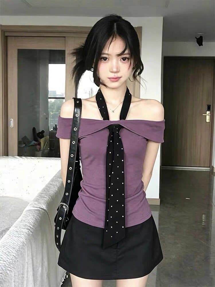 좋은 면 40 회색 오프숄더 반팔 티셔츠 여름 핫걸 몸매 가꾸기 고급 센스 품격 오프숄더 맨위 상세 이미지 4