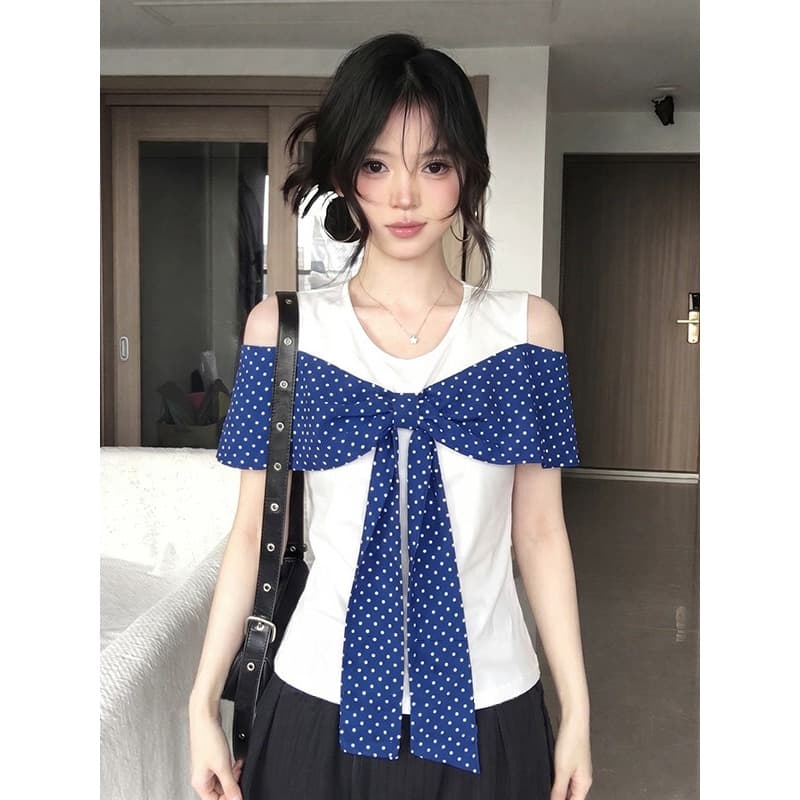 원본 원단 것 화이트 오프숄더 반팔 티셔츠 여름 도트 무늬 나비 매듭 그레이트 봐. 의류