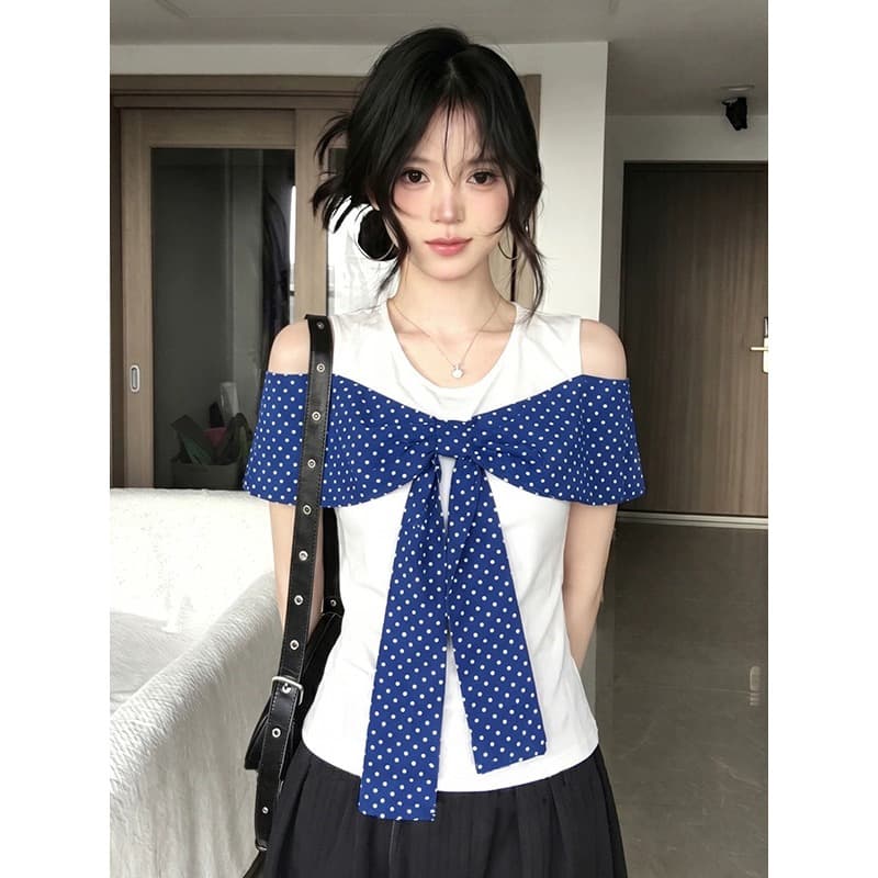 원본 원단 것 화이트 오프숄더 반팔 티셔츠 여름 도트 무늬 나비 매듭 그레이트 봐. 의류 이미지 2