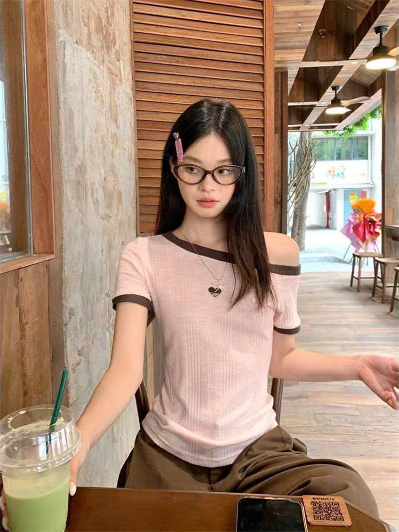 원본 것 원단 화이트 비스듬한 어깨 반팔 티셔츠 여성 여름 새로운 허리 수축 오프숄더 맨위 여성 상세 이미지 4