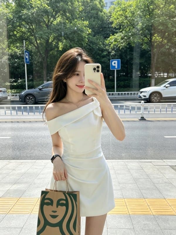 프랑스식 품격 순수한 욕망 고급 센스 비스듬한 어깨 천 금빛 바람 여성 드레스 여름 허리 수축 슬림해 보이는 한 마디 미니 스커트 이미지 2