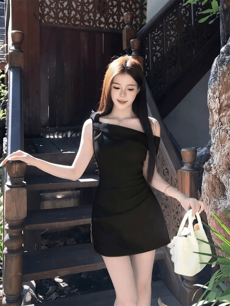 프랑스식 품격 순수한 욕망 고급 센스 비스듬한 어깨 천 금빛 바람 여성 드레스 여름 허리 수축 슬림해 보이는 한 마디 미니 스커트 상세 이미지 10