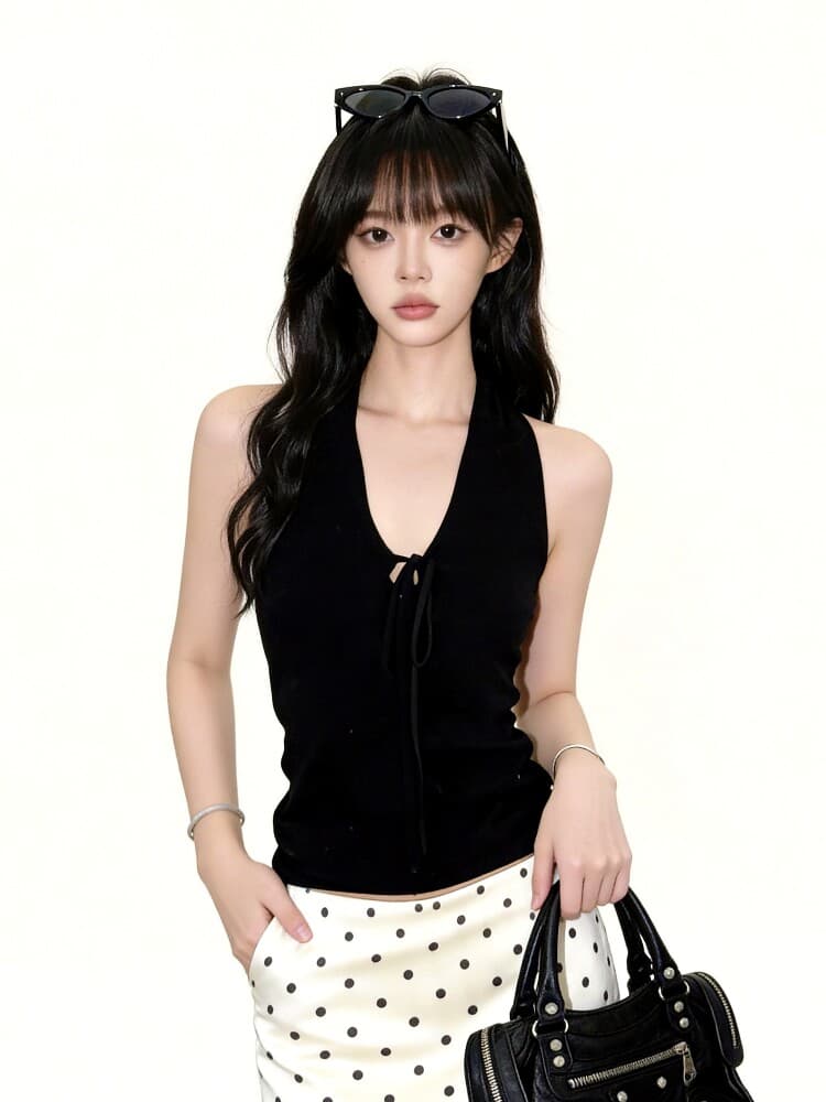 원본 것 사람들 면 검정색 V넥 행침 목 캐미솔 여름 핫걸 몸매 가꾸기 민소매 백리스 맨위 상세 이미지 29