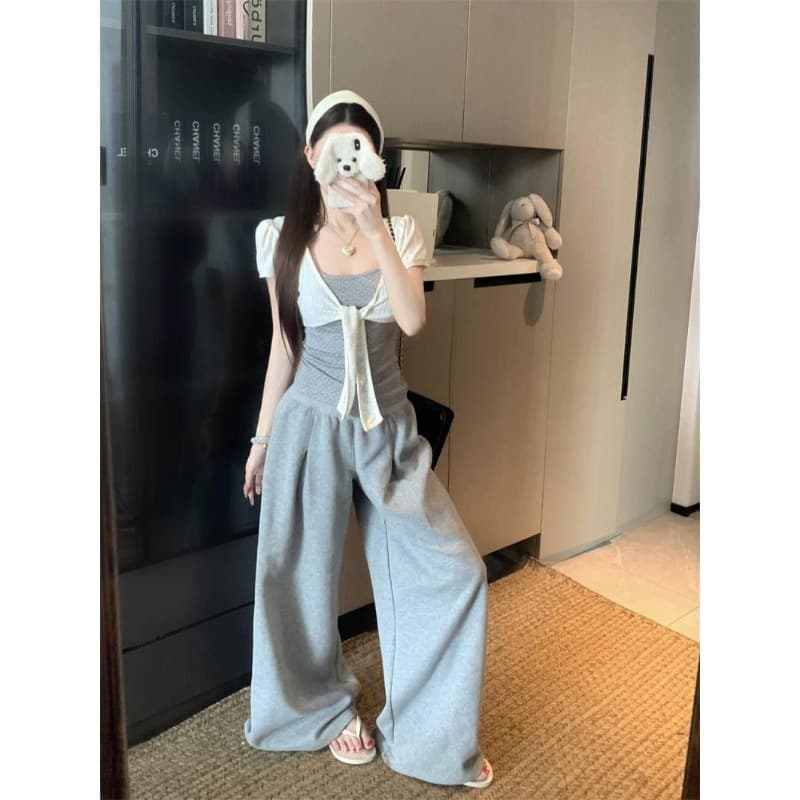 260 그램 1 1 인 면 페이크 레이어드 도트 무늬 V넥 반팔 여름 핫걸 스트랩 비틀림 긍정적 인 어깨 디자인 맨위 이미지 4