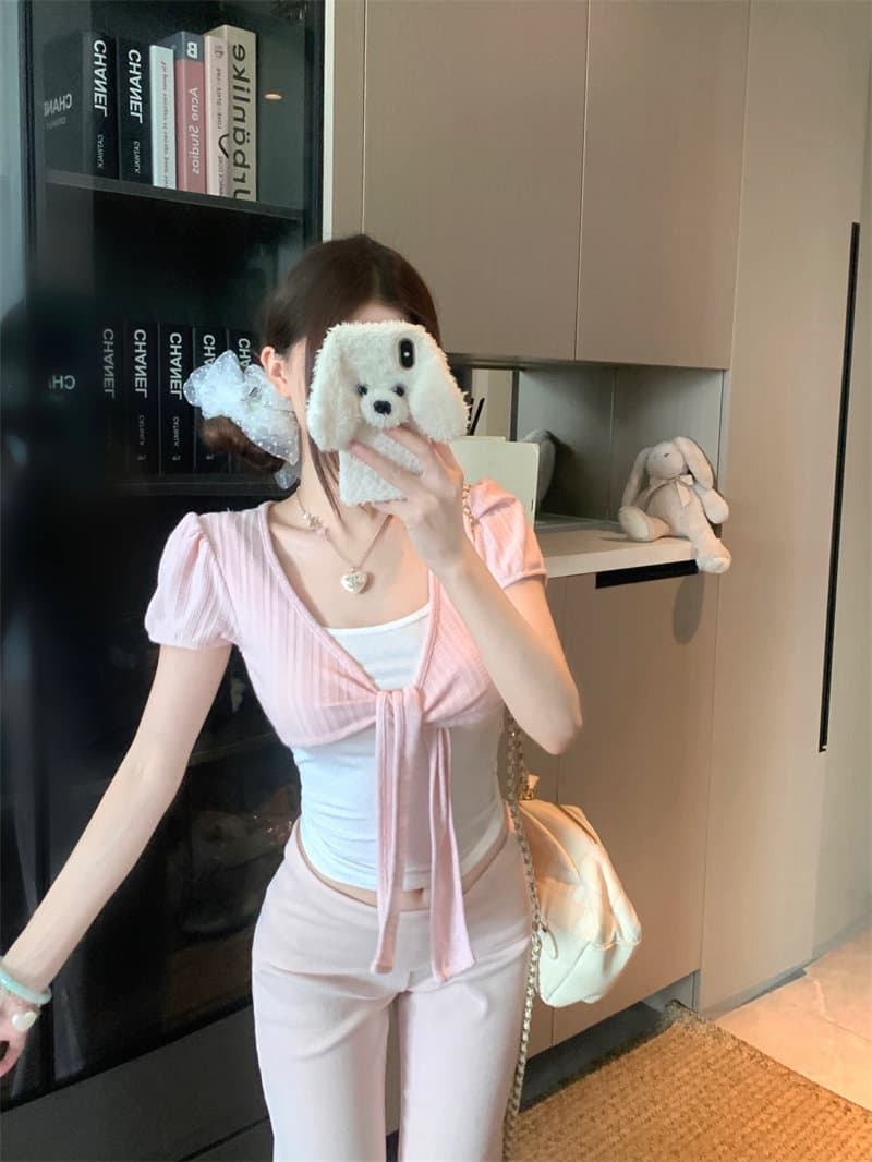 260 그램 1 1 인 면 페이크 레이어드 도트 무늬 V넥 반팔 여름 핫걸 스트랩 비틀림 긍정적 인 어깨 디자인 맨위 상세 이미지 2